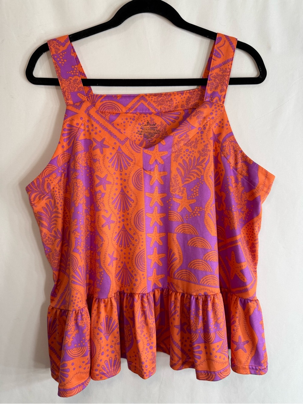 Cuddl Duds Orange Purple Coastal Tropical Starfish Ruffle Tank Top ONLY, size L